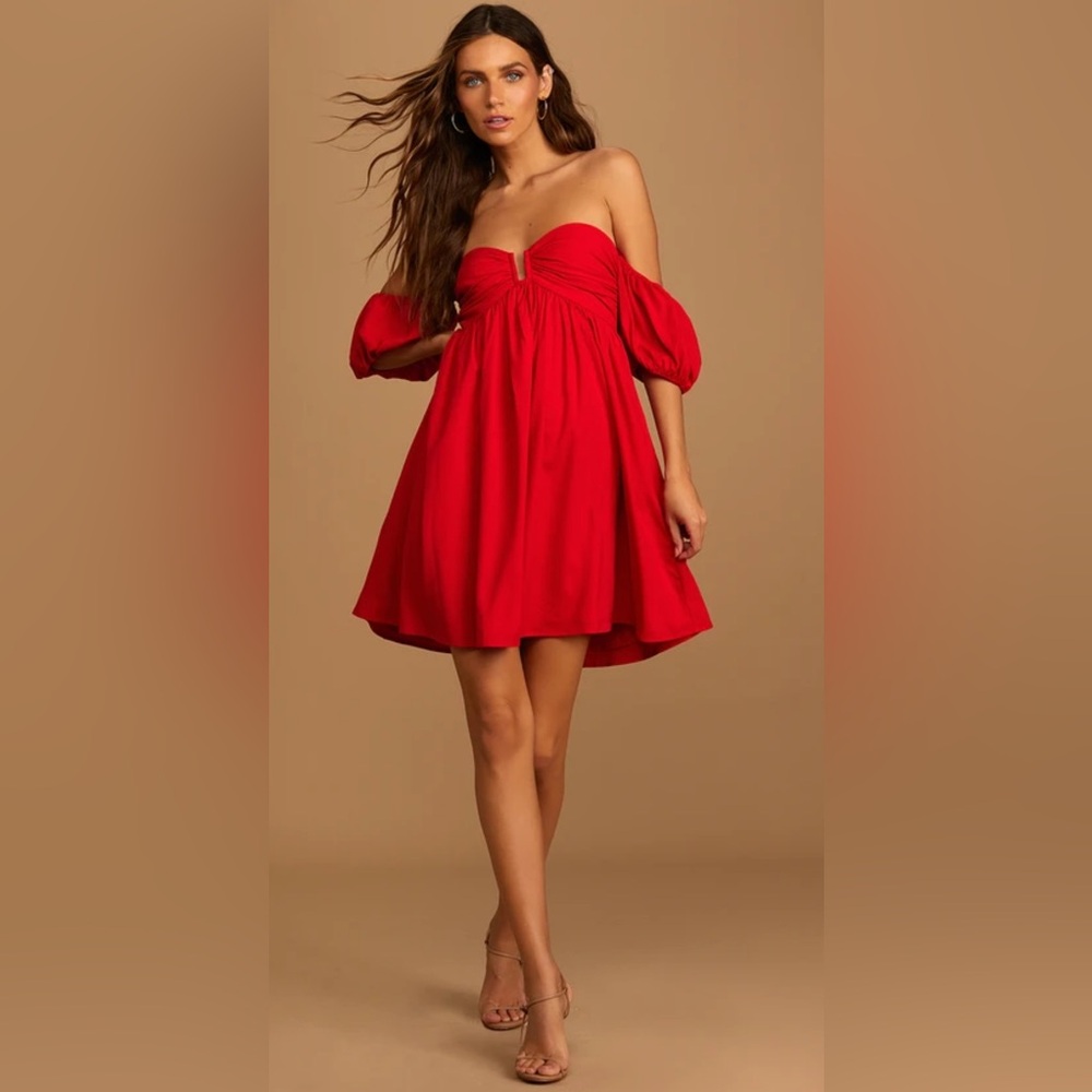 Lulus My Dream Date Red Off-the-Shoulder Mini Dress